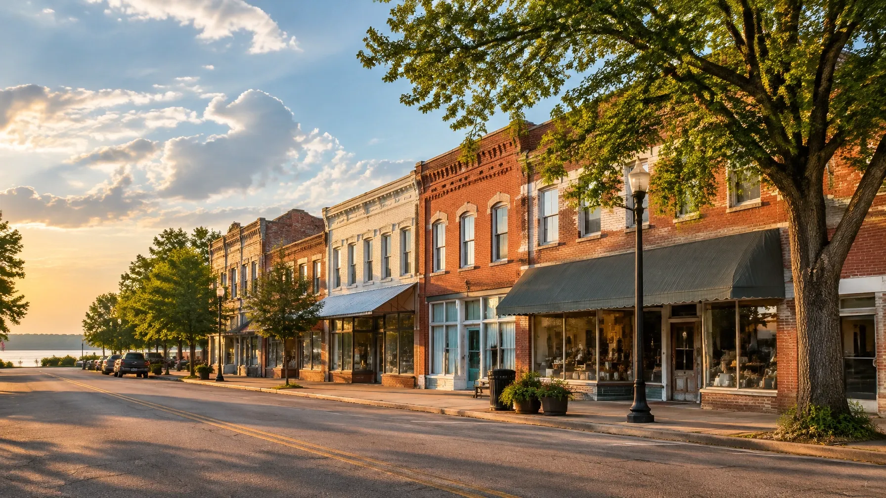 Historic brick storefronts along a tree-lined downtown street in the Arkansas Delta